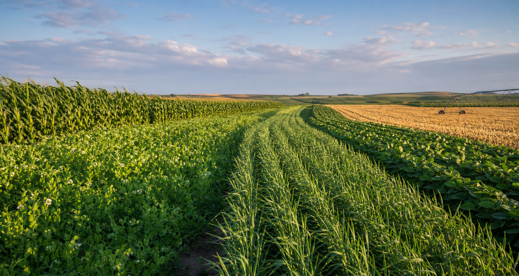 Central Nebraska crop rows and cover crop strips at golden hour